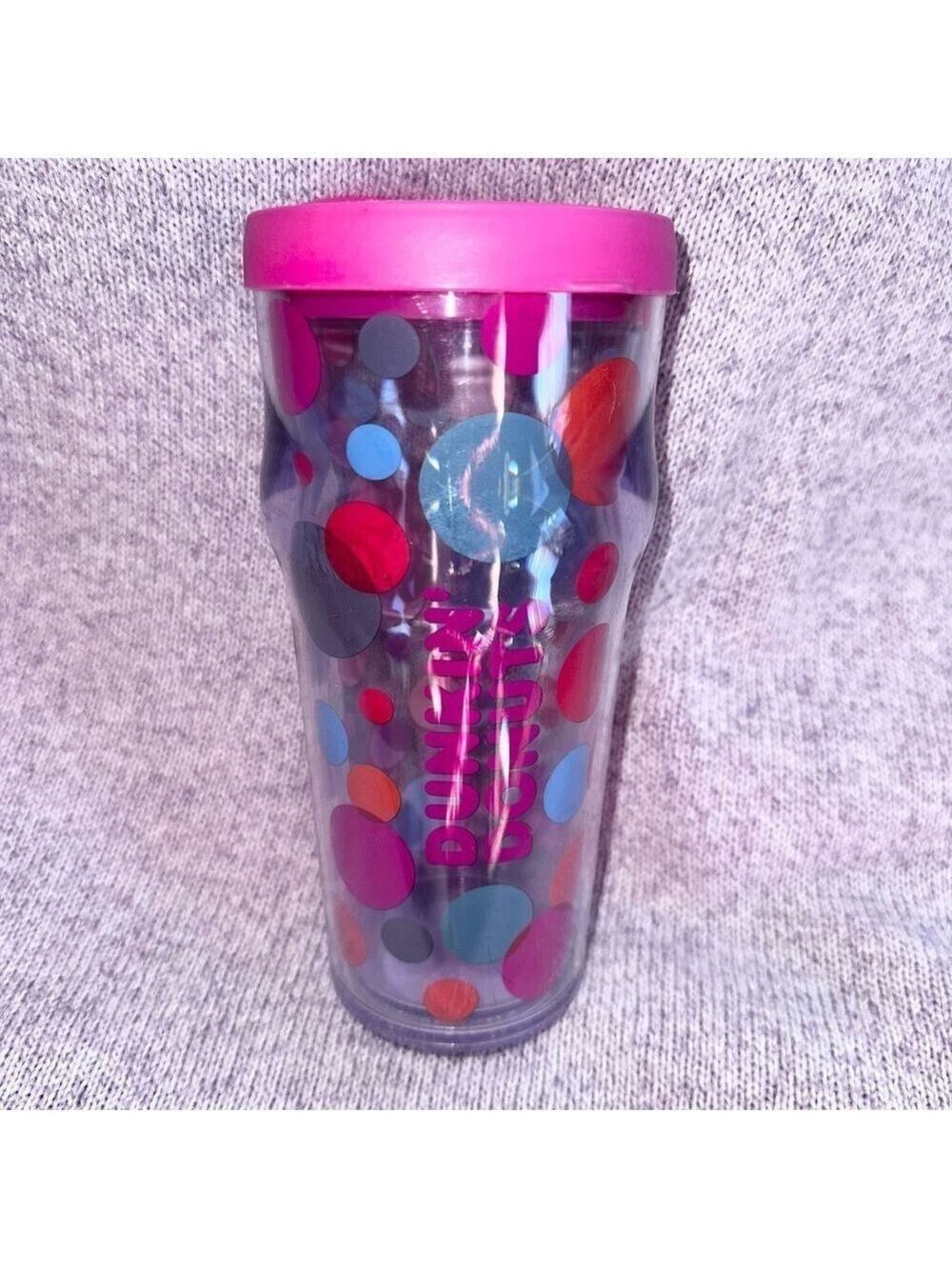 EUC Dunkin' Donuts 2016 Coffee Travel Mug Cafe Tumbler 20 oz Pink Top Polka Dot